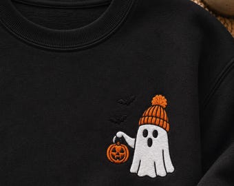Embroidered Ghost Sweatshirt, Cute Halloween Crewneck, Left Chest Ghost in Beanie Sweatshirt, Fall Sweatshirt, Spooky Season Sweater