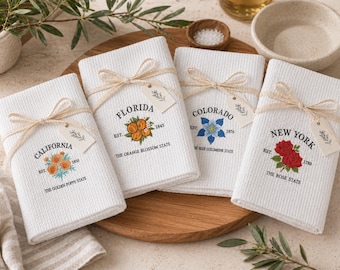 Embroidered State Flower Kitchen Towel | Personalized Waffle Dish Towel, Housewarming Gift