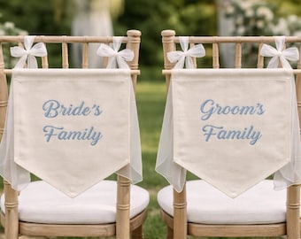 Embroidered Wedding Reserved Seating Banner, Bride Groom Family Chair Signs, Pew Markers, Decor