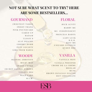 May include: An advertisement for fragrances, featuring a dropper dispensing liquid onto a surface. The text reads "NOT SURE WHAT SCENT TO TRY? HERE ARE SOME BESTSELLERS..." with scent categories: Gourmand, Floral, Woody, and Vanilla.