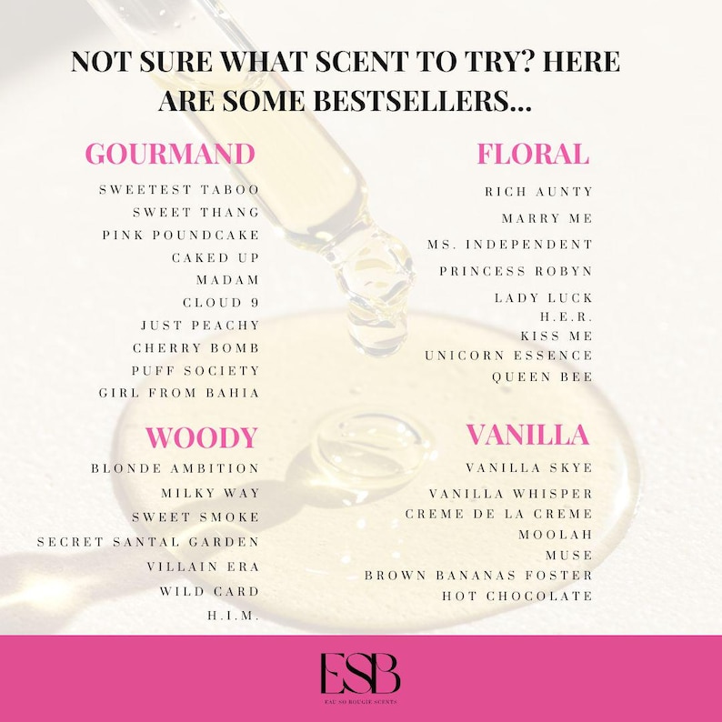May include: An advertisement for fragrances, featuring a dropper dispensing liquid onto a surface. The text reads "NOT SURE WHAT SCENT TO TRY? HERE ARE SOME BESTSELLERS..." with scent categories: Gourmand, Floral, Woody, and Vanilla.