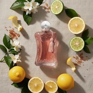 May include: A perfume bottle with a pink hue, adorned with a decorative tassel, is surrounded by fresh lemons, limes, jasmine flowers, and sugar crystals. The bottle is centered on a neutral-toned surface, creating a fresh and natural aesthetic.