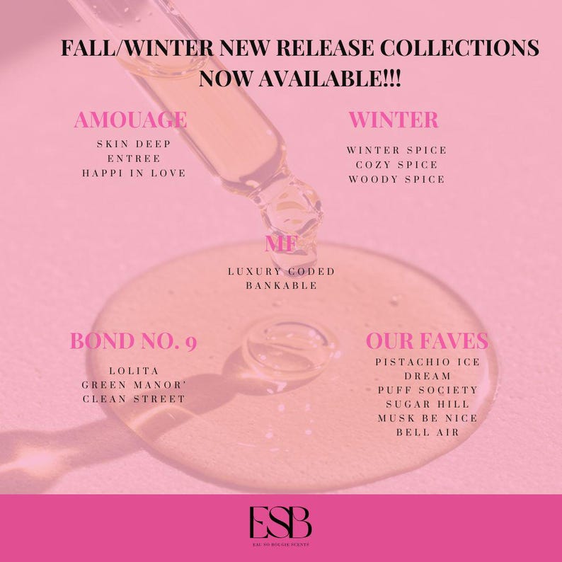 May include: A pink graphic with text announcing the Fall/Winter New Release Collections. The image features a dropper dispensing a clear liquid onto a surface. Product names include Amouage, Winter, Bond No. 9, and Our Faves.