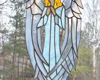 Large Teal Stained Glass Guardian Angel Window Panel 21 in