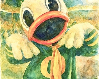 May include: Watercolor painting of the Oregon Ducks mascot, a duck wearing a green and yellow uniform. The duck has a large orange beak and is wearing a green hat with the word "OREGON" on it. The background is a mix of blue, green, and yellow.