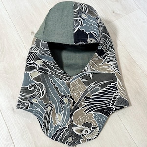Reversible Cotton Work (Welding) Cap with Neck Flap – Phoenix Motif Print / Vintage Wash-Olive 8oz Denim (60cm / 23.6”)