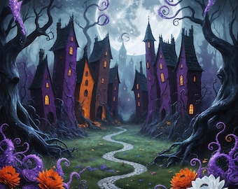 Lámina artística de la aldea embrujada de Tim Burton: Decoración de Halloween (impresión digital)