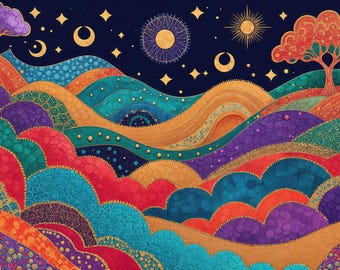 May include: A vibrant, colorful illustration of a landscape with rolling hills and a night sky. The scene features trees, moons, stars, and suns. The hills are in shades of red, purple, teal, and gold, with a dark blue background.