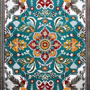 Pode incluir: Um edredom com padrão floral em teal, branco e vermelho. O edredom apresenta um design de medalhão central com motivos simétricos de flores e folhas em tons de laranja, amarelo e verde. A borda é um padrão repetitivo de pontos e linhas.