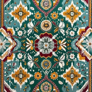 Pode incluir: Um design têxtil detalhado e simétrico com uma rica paleta de cores. O padrão inclui elementos florais e geométricos em verde-azulado, dourado, bordô e branco. O design tem um estilo ikat com um medalhão floral central.