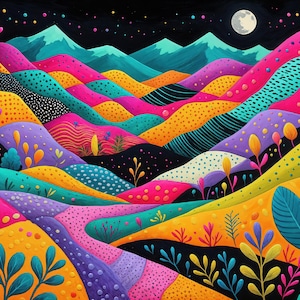 Może przedstawiać: Żywy, kolorowy obraz krajobrazu przedstawiający pofałdowane wzgórza w odcieniach różu, żółci, turkusu i fioletu. Nocne niebo jest ciemnoniebieskie z pełnią księżyca i gwiazdami. Widoczne są również rośliny ozdobne i góry.