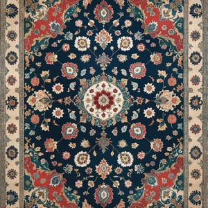 May include: A large, rectangular area rug with an intricate floral design. The rug features a deep navy blue field with a central medallion and corner accents in red, teal, and cream. The border is cream-colored with floral motifs.