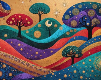 May include: Abstract landscape painting with colorful rolling hills in red, purple, teal, and gold. Trees with red, teal, and purple canopies are scattered across the scene. Gold embellishments and a crescent moon add detail.