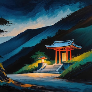 May include: An artistic painting of a Japanese temple with a red gate and blue roof, nestled in a mountain landscape. The artwork features a path leading to the temple, with a lantern and steps. The color palette includes shades of blue, green, and orange.
