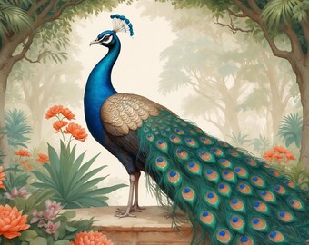 Vintage Mughal Digital Artwork – Indian Peacock Poster for Download & Print