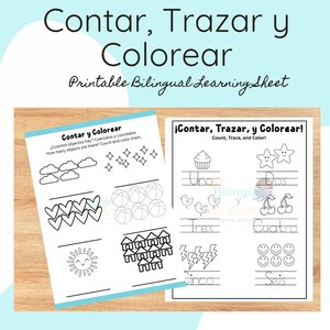 May include: A printable bilingual learning sheet titled "Contar, Trazar y Colorear" with the English translation "Count, Trace, and Color." The sheet features counting exercises with illustrations of clouds, hearts, and other objects. The text is in Spanish and English.