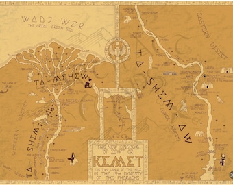 May include: A vintage-style map of ancient Egypt, featuring detailed illustrations and hieroglyphic text. The map is in shades of tan and brown, with the text "The New Kingdom of Egypt or Kemet" at the bottom. The map includes the Nile River and surrounding areas.