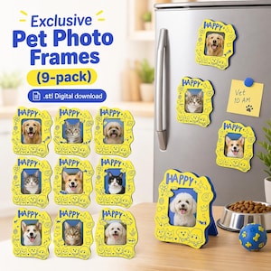 May include: A set of nine yellow and blue pet photo frames, each with a different dog or cat photo. The frames are decorated with cartoon dog and cat faces and the word "HAPPY". Some frames are attached to a refrigerator.