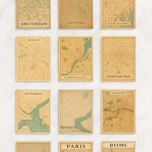 Vintage European City Map Postcard Set – 12 Retro Travel Prints – Antique Map Wall Art – Digital Download – Printable Europe Decor