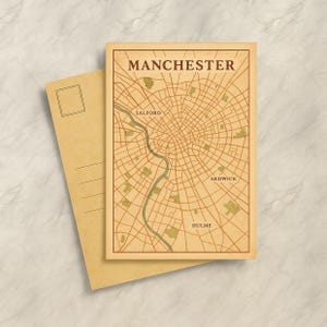 Vintage Manchester Postcard Print – Retro City Map Wall Art, Travel Gift, UK Decor, England, Manchester Souvenir, Digital Download, Gift Map