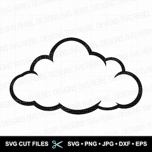May include: A black outline of a cloud shape, a design element for digital art or crafts. The image includes the text "SVG CUT FILES" and file type abbreviations: SVG, PNG, JPG, DXF, and EPS.
