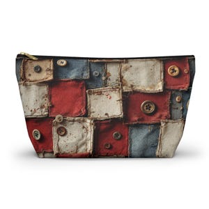 Rustic Patchwork Print Accessory Pouch, Vintage style Makeup Bag, Travel Organizer, Gift for Her, Craft Supplies Holder