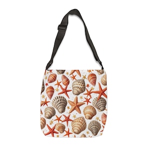 Coastal Seashells Adjustable Tote Bag, Beach Tote, Shell Print Bag, Casual Purse, Boho Style