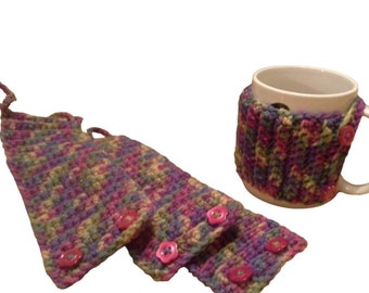 Coffee, Set of 4, Coffee mug cozies, artistic print flower button Crochet Mug Cozy, coffee mug cozy