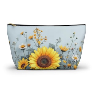 Pastel Blue Sunflower Accessory Bag, Floral Makeup Bag, Travel Cosmetic Case, Sunflower Gift, Flower Tote, Organizer Pouch