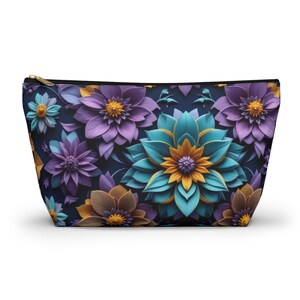 Purple, Gold, Black Floral Accessory Pouch | Colorful Makeup Bag, Cosmetic Organizer, Travel Pouch, Gift for Her, Flower Print