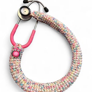Stethoscope Cover, pink & green owl, Blossomopolis soft yarn stethoscope covers