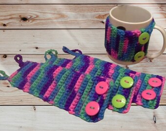 Coffee mug cozies, Set of 4 bright color mix with neon day glo button Crochet Mug Cozy, coffee mug cozy