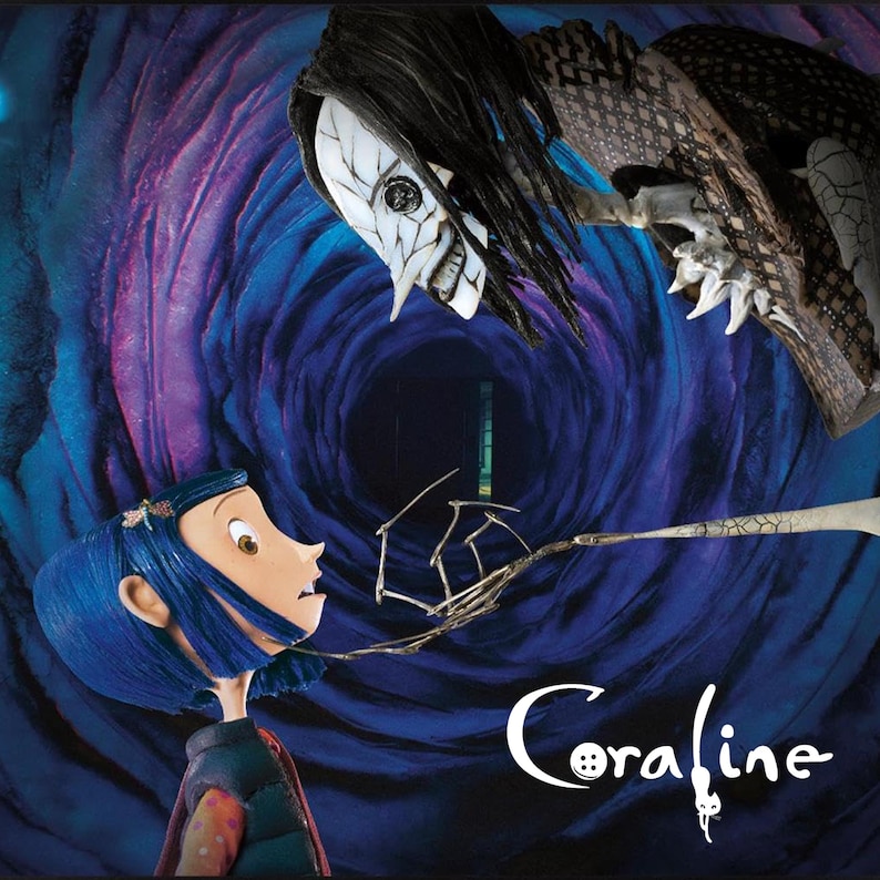 May include: A promotional image from the animated film Coraline. The image shows the character Coraline with blue hair, looking up at a tall, skeletal figure with a white mask. The background is a swirling blue and purple tunnel. The film's title is written in white.