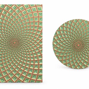 May include: A rectangular panel and a circular disc, both featuring a repeating geometric pattern of light green, raised square pyramids with orange-toned recessed lines radiating from a central point in a complex, swirling spiral design.