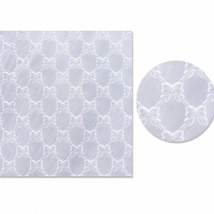 May include: A white fabric featuring a repeating embossed pattern of small bows connected by a diamond-shaped lattice grid. The material has a subtle sheen and a consistent texture throughout, with a circular inset showing a magnified view.