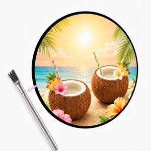 May include: A circular wall art piece featuring a tropical beach scene with two coconut drinks, pineapple slices, and hibiscus flowers under a bright sun, accompanied by a silver-handled paintbrush with black bristles pointing toward the image.