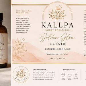 May include: A dark amber glass bottle with a black dropper cap, featuring a cream-colored label with the text Kallpa Sweet Creations Golden Glow Elixir, Botanical Body Elixir, 4 fl oz, 120 ml, and a botanical illustration of flowers and leaves.
