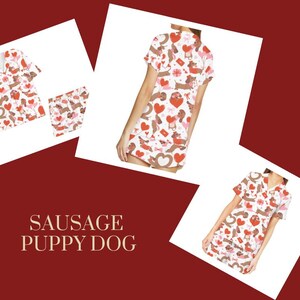 May include: White pajama set featuring a pattern of brown dachshunds, red hearts, and Valentine's Day graphics. The set includes a short-sleeved top and shorts. The image also displays the text "SAUSAGE PUPPY DOG".