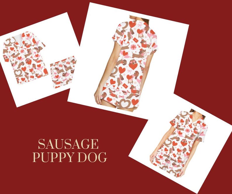May include: White pajama set featuring a pattern of brown dachshunds, red hearts, and Valentine's Day graphics. The set includes a short-sleeved top and shorts. The image also displays the text "SAUSAGE PUPPY DOG".