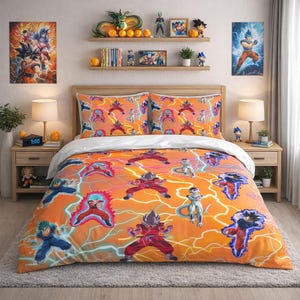 May include: Orange and white duvet cover set featuring Dragon Ball Z characters in action poses. The bedding set includes a duvet cover and two pillowcases. The room is decorated with Dragon Ball Z artwork and figurines.