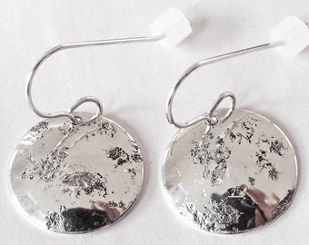 Sterling Silver Disc Earrings Stone Textured Slightly Domed "B" Handmade 0.75 Inches