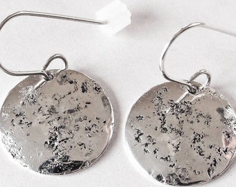 Sterling Silver Disc Earrings Stone Textured Slightly Domed "A" Handmade 0.75 Inches