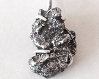 Meteorite Pendant in Sterling Silver Prong Setting, Campo del Cielo Iron Fragment, Approximately 30 Grams