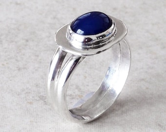 Size 9.5 Sterling Silver Ring with 8mm x 10mm Blue Onyx Cabochon