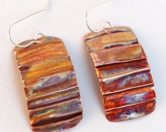 Copper Earrings Fold-Formed Ribbons With Flame Patina "B"