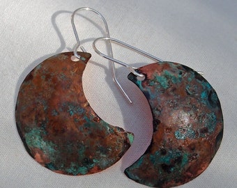Verdigris Copper Crescent Earrings Small "B" Handmade