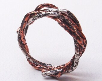 Sterling Silver and Copper Entwined Spiral Unisex Boho Rings "C" Heavily Textured Size 9.25