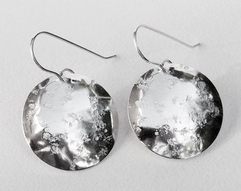 Sterling Silver Disc Earrings Stone Textured Domed "C" Handmade One Inch Diameter