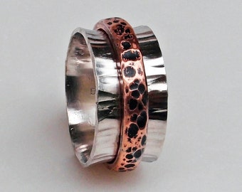 Sterling Silver and Copper Spinner Ring Size 11 Hand Forged Hammer Textured