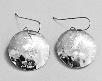 Sterling Silver Disc Earrings Stone Textured Domed "E" Handmade 1.25 Inches Diameter